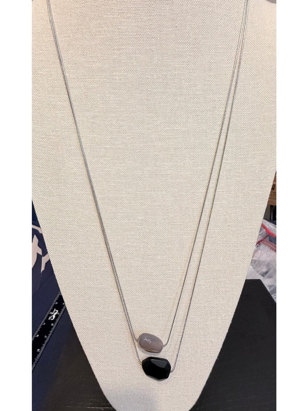 Silver Tone Double Strand Pendant Necklace 32” Long Gray & Black Stone Accent